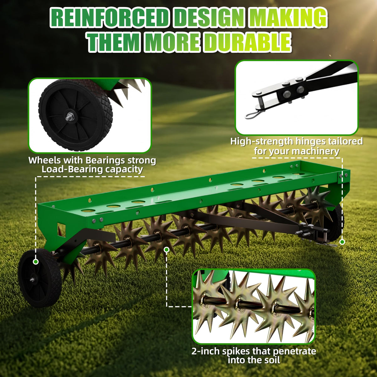 40" Spike Aerator Tow Behind, Lawn Aerator Tow Behind with Universal Hich, Green Galvanized Steel and Includes a Pallet Capable of Supporting 280 Pounds, Pull Behind Aerator for Garden, Farm and Lawn