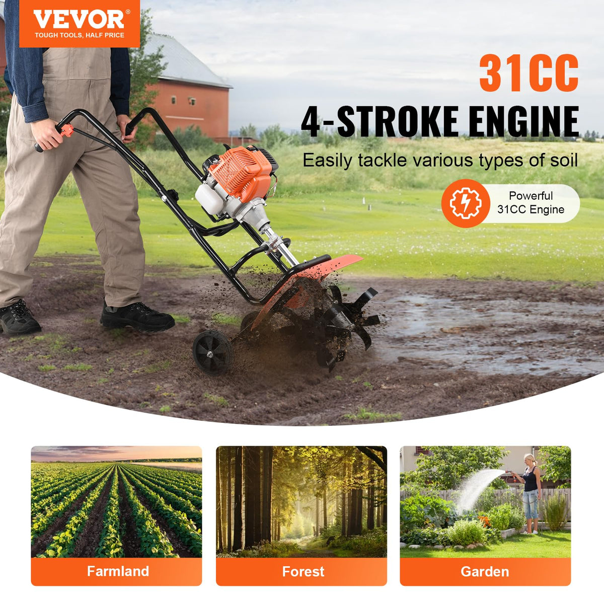 VEVOR Tiller Cultivator Gas Powered 31CC 4-Stroke Garden Cultivator, Orange