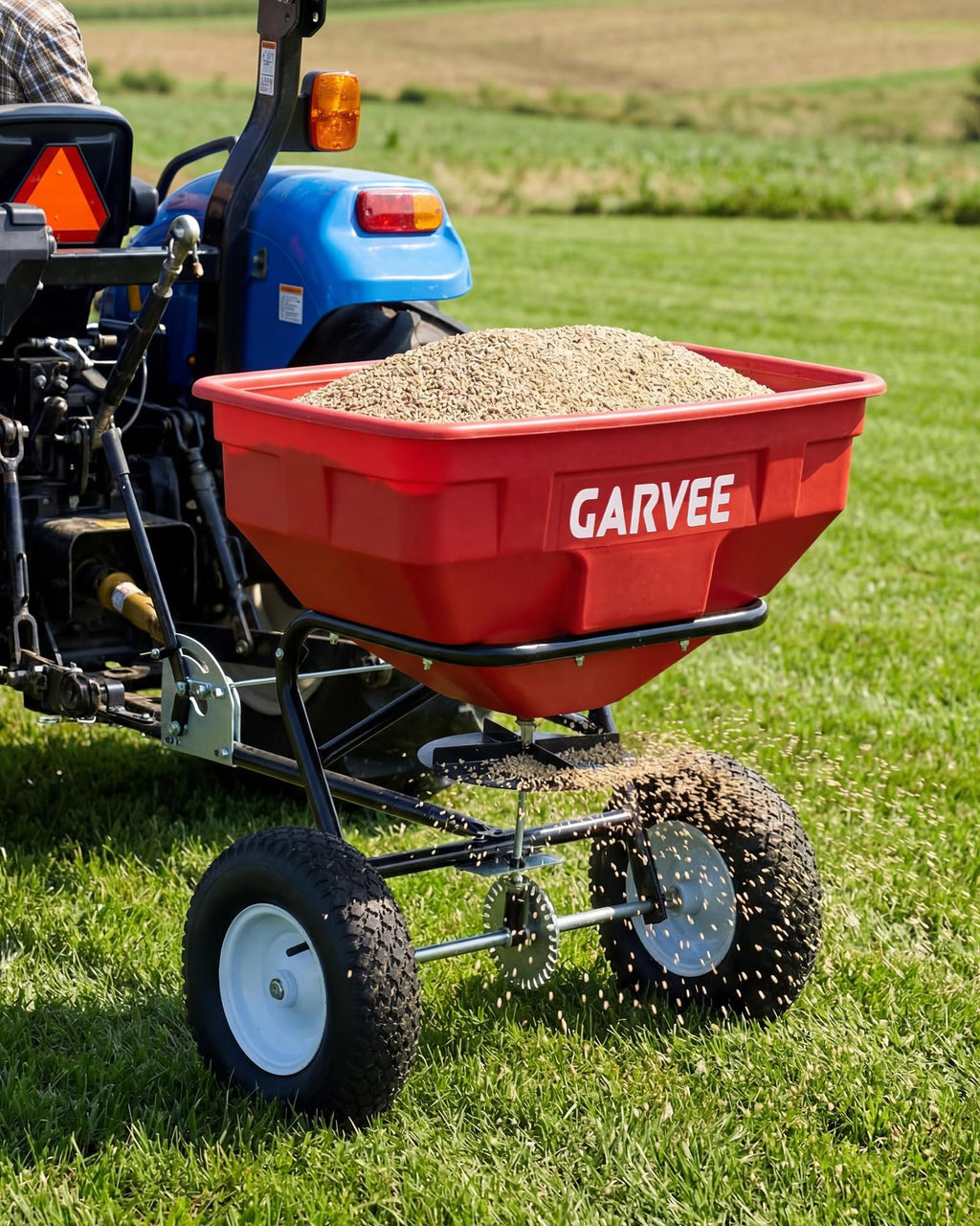 Tow Behind Broadcast Spreader, 130LBS, Universal Hooks Tow/Push Garden Spreader for UTV, ATV, 30 Adjustable Settings, 9.8 ft Spreading Width, Lawn Spreader for Seed, Fertilizer, Salt, Ice Melt