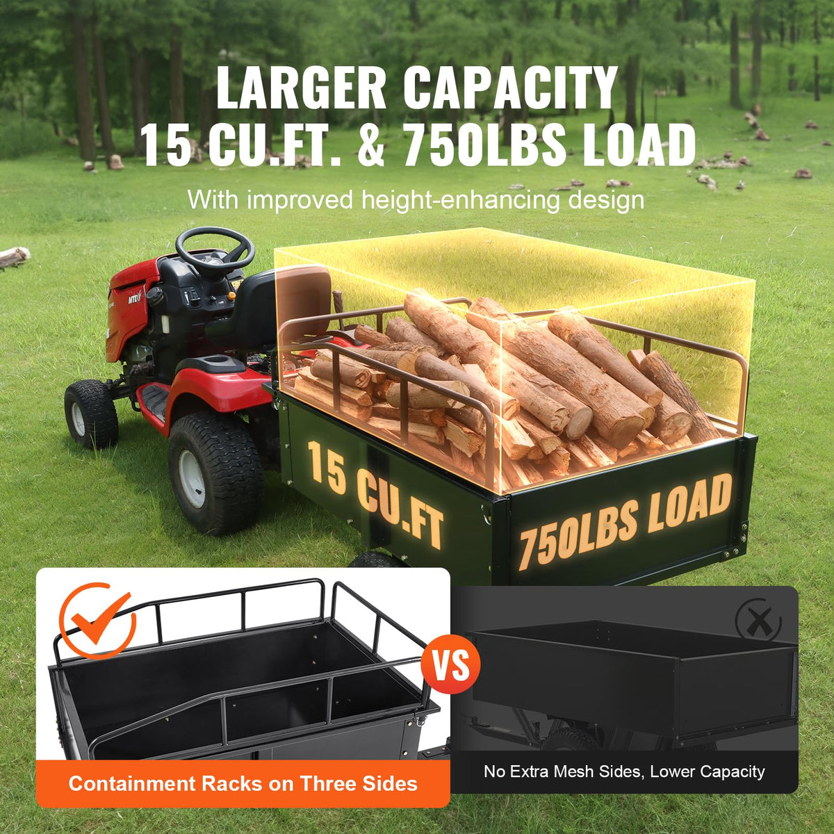 VEVOR Heavy Duty ATV Trailer Steel Dump Cart Tow Behind, 750 lbs 12 Cubic Feet, Garden Utility Trailer Yard Trailers with Removable Sides for Riding Lawn Mower Tractor