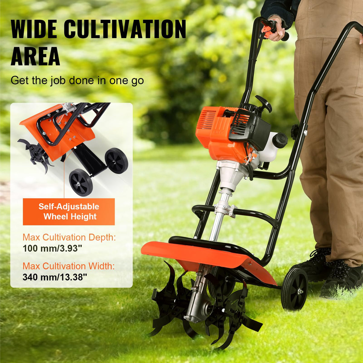 VEVOR Tiller Cultivator Gas Powered 31CC 4-Stroke Garden Cultivator, Orange