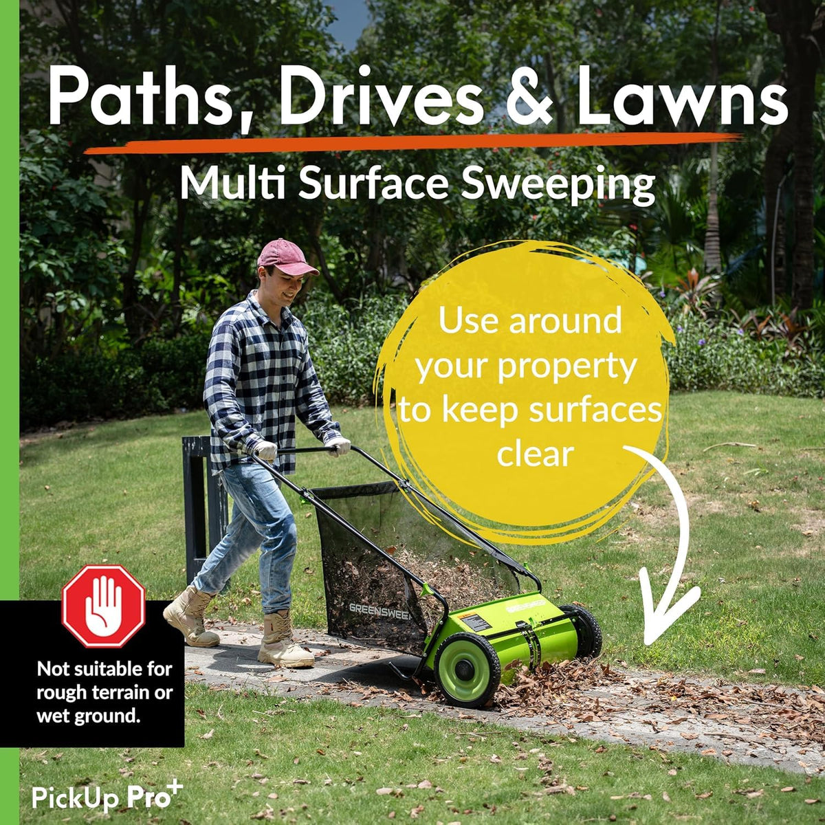 GreenSweep Pickup Pro XL V26 Garden Sweeper – Manual Push Lawn Sweeper for Leaves, Grass Clippings & Garden Debris – Adjustable Height Leaf Collector