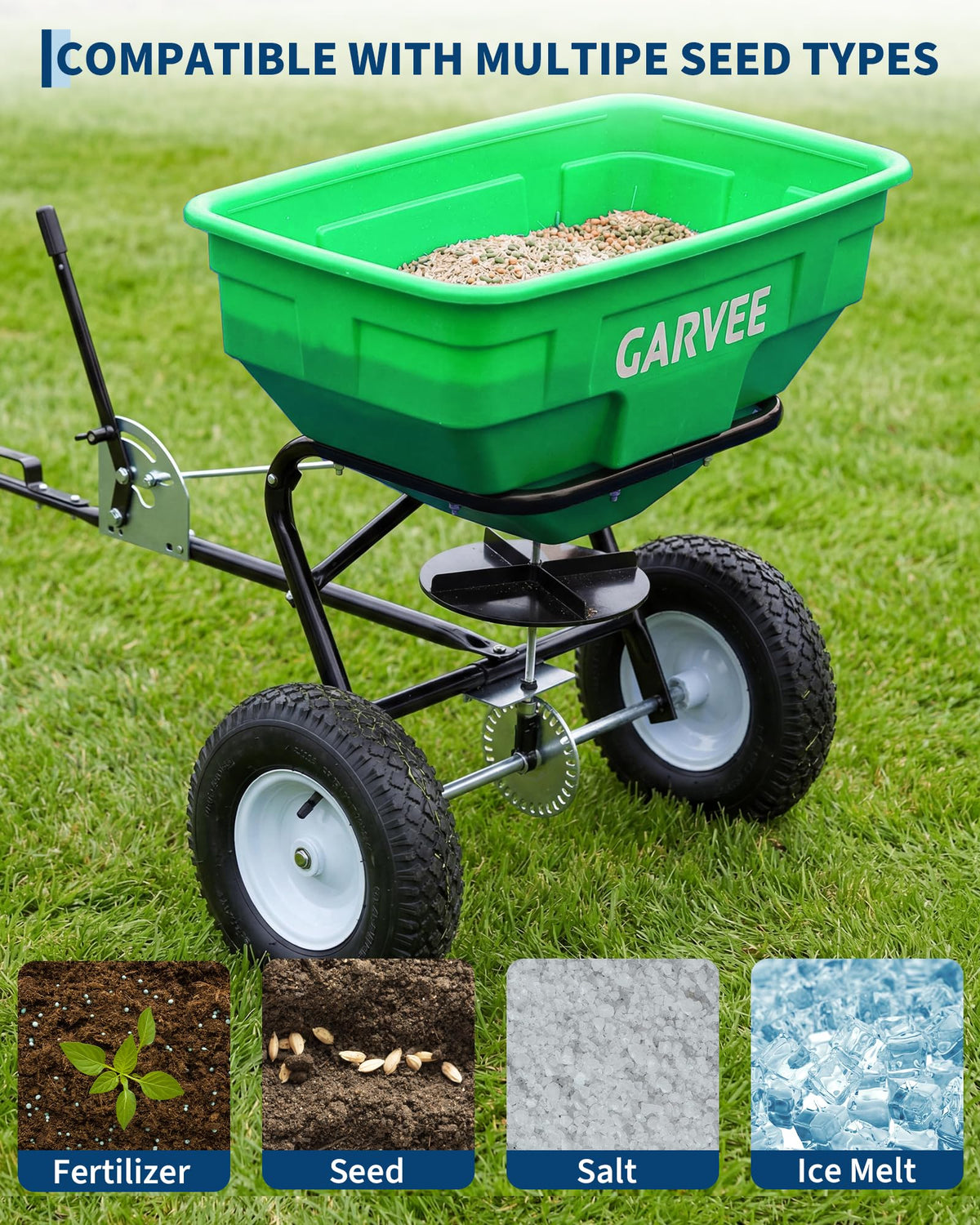 Heavy Duty 125L Tow Behind Broadcast Spreader – 9.8FT Spreading Width, 30 Current Settings, Global Hitch, for UTV, ATV, Tractor, Fertilizer, Seed, Salt, Ice Melt – Green (Douzi) + Black Rod