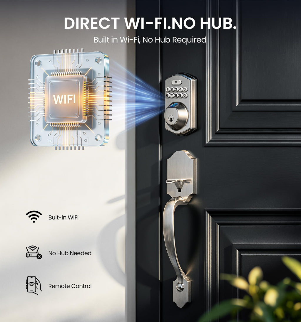 Veise VE012W-H Wi-Fi Smart Front Door Lock Set with Handle, Satin Nickel