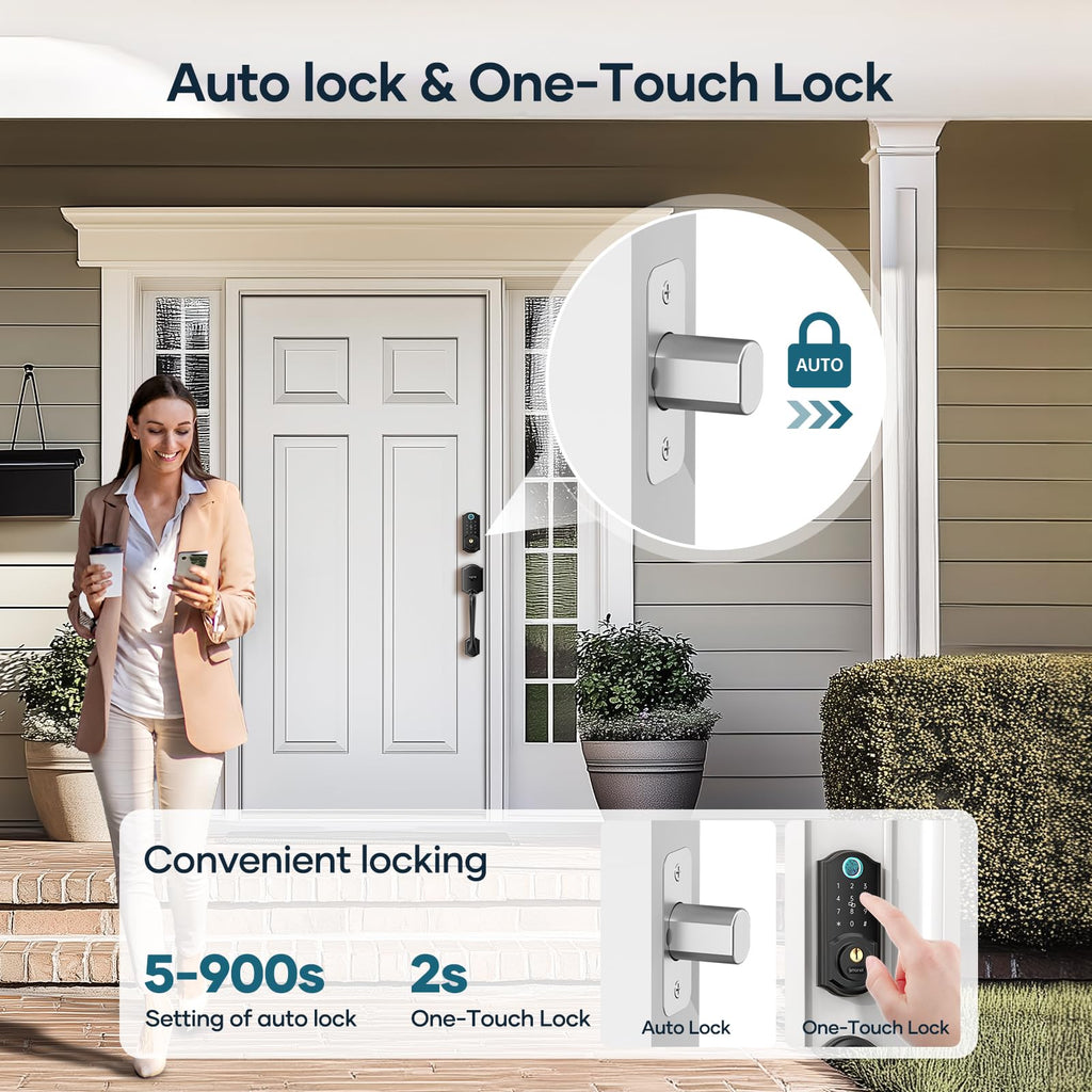 Smart Lock Front Door, SMONET Keyless Entry Door Lock with Handle, Smart Front Door Lock Set Fingerprint Smart Deadbolt Bluetooth Electronic Digital Keypad Lock, Auto Lock Work with Alexa, Black
