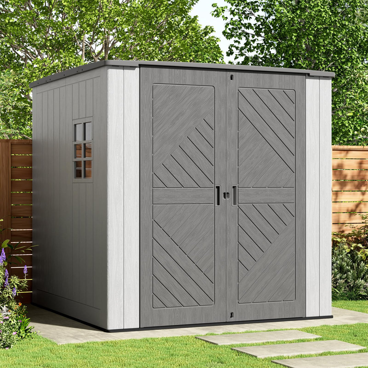 KINYING 6x4 FT Vertical Outdoor Storage Shed,Resin Clearance Outdoor Sheds with Floor,Garden Tool Shed for Lawn Mower/Bike Storage/Trash Cans/Pool Supplies,Lockable