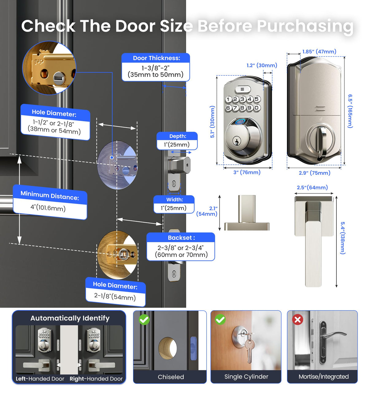 Veise VE012W-L WiFi Fingerprint Deadbolt Lock with Handle Set, Satin Nickel