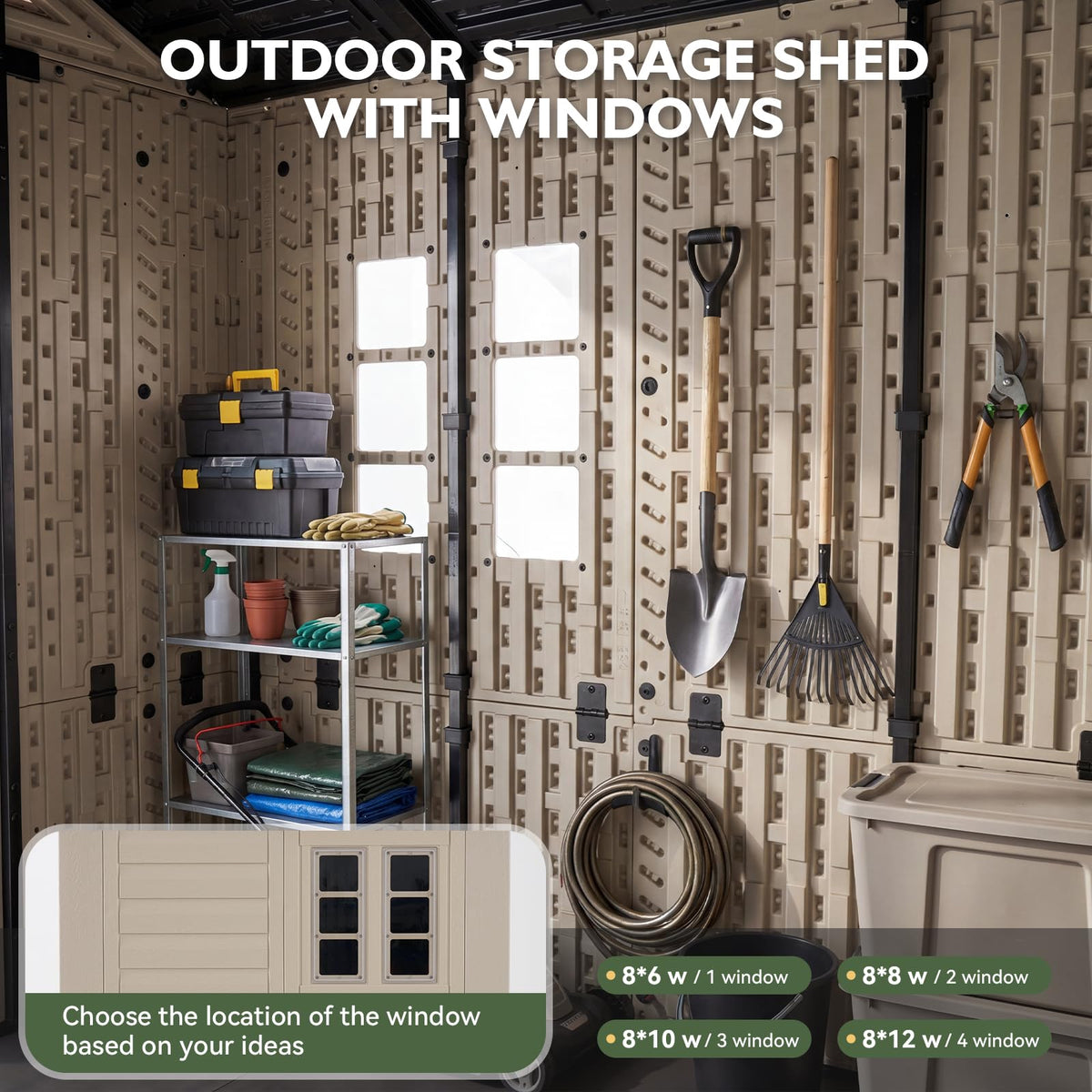 Aoxun 8x6 Ft Outdoor Storage Shed with Floor, Large Resin Outdoor Shed with Lockable Door & Windows, Garden HDPE Sheds for Lawn Tools, Pool Supplies & Bikes