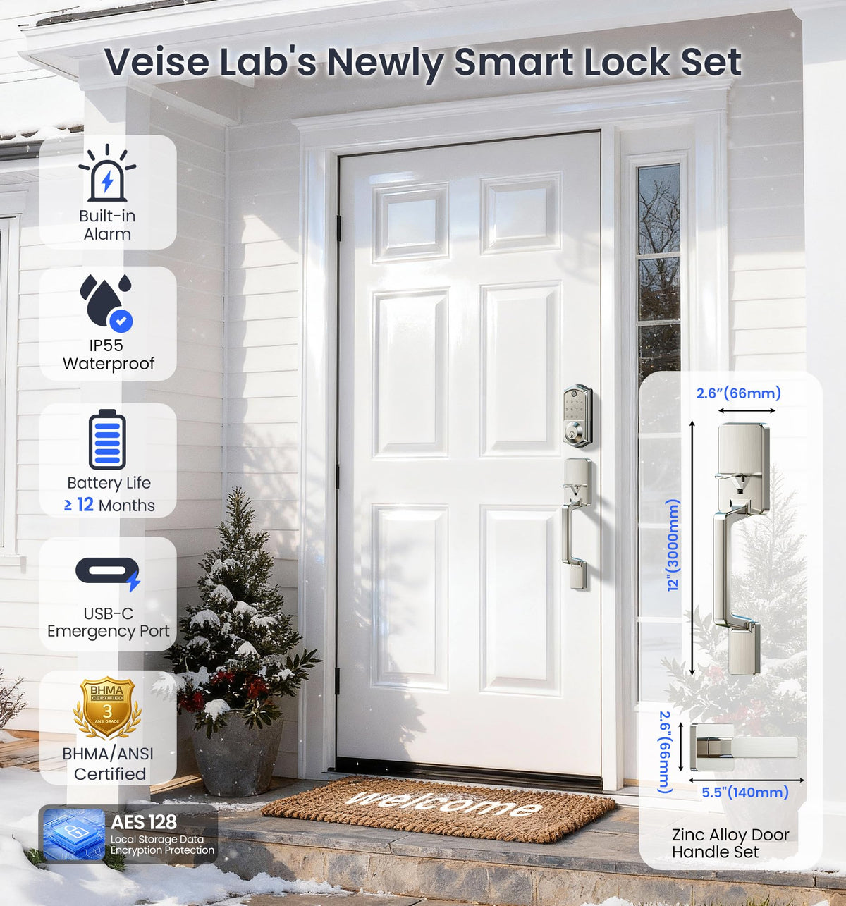 Veise VE017-D Fingerprint Smart Front Door Lock Set, Satin Nickel