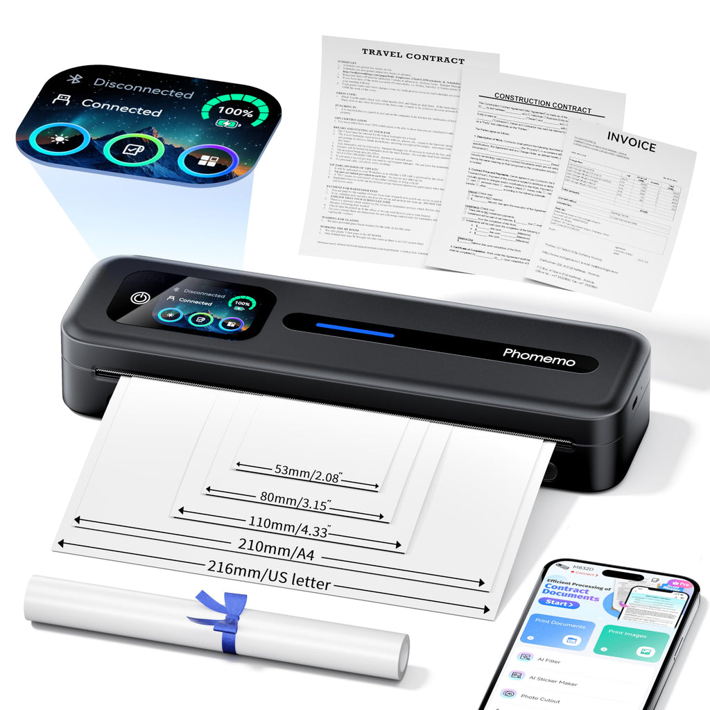Phomemo M832D Touchscreen Portable Printer & Case & 69 Pcs (3 Rolls) Paper