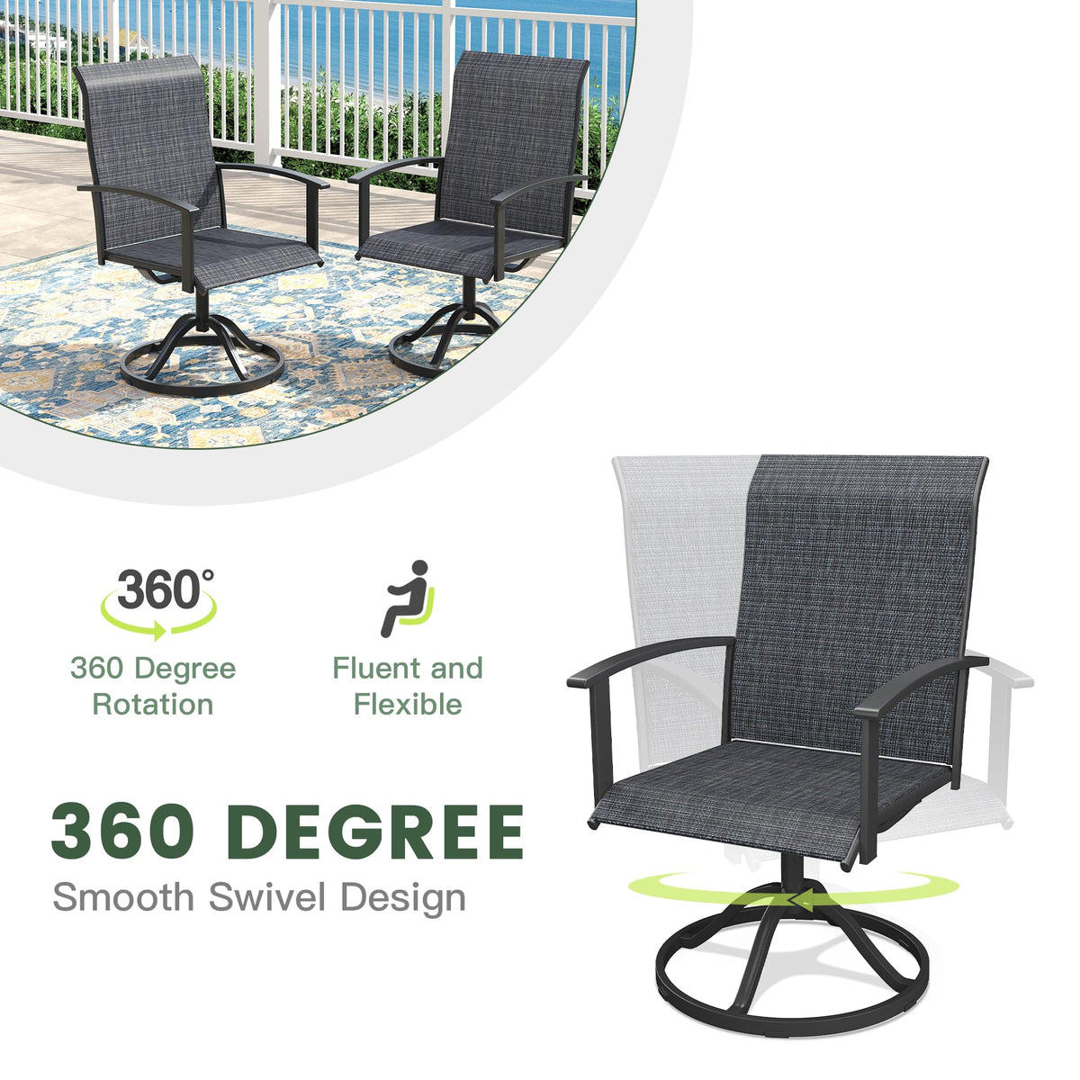 7 Pieces Patio Dining Set, Outdoor Furniture of 63" Rectangular Patio Table and Patio Swivel Chairs for Backyard Lawn Garden, Walnut Table and Black Chairs