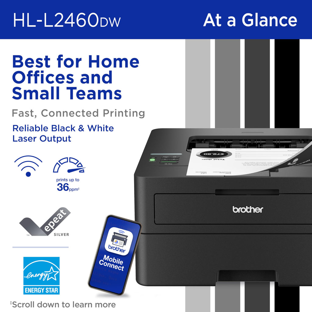 Brother HL-L2460DW Wireless Compact Monochrome Laser Printer with Duplex, Mobile Printing, Black & White Output | Includes Refresh Subscription Trial(1), (Renewed Premium - Refurbished)