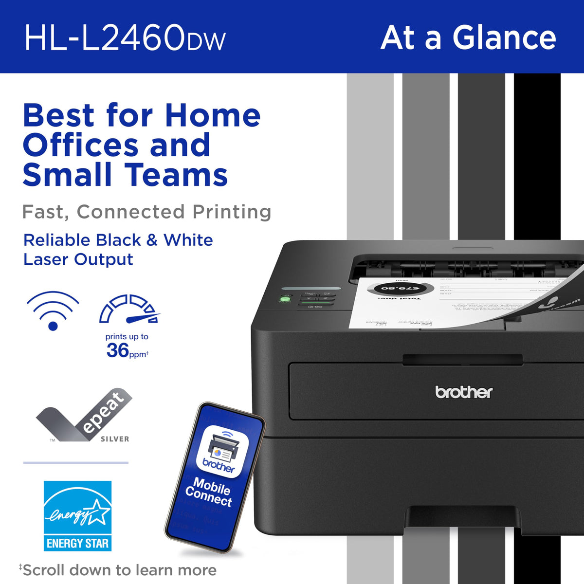Brother HL-L2460DW Wireless Compact Monochrome Laser Printer with Duplex, Mobile Printing, Black & White Output | Includes Refresh Subscription Trial(1), (Renewed Premium - Refurbished)