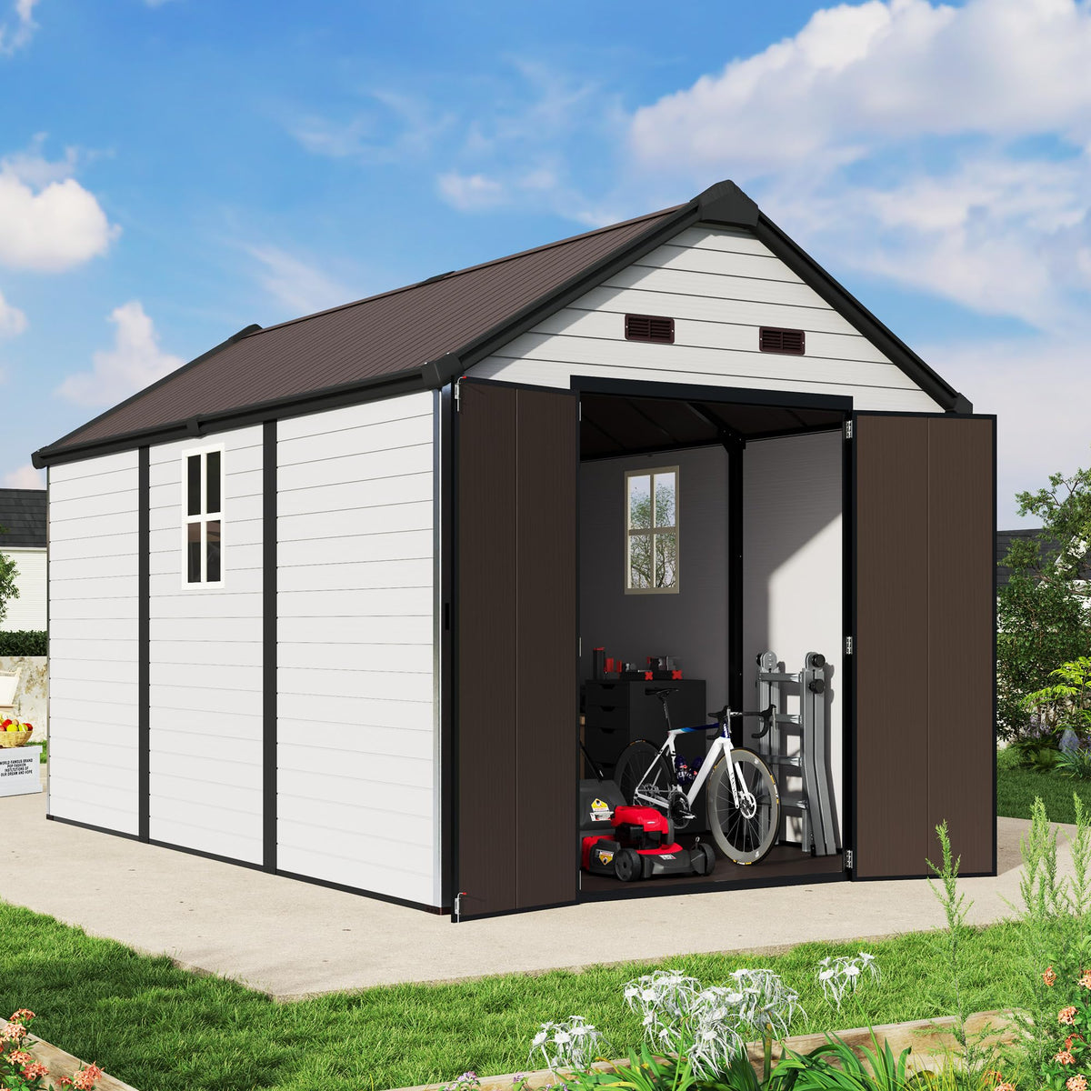 Jocisland 8 x 6 x 6 FT Resin Lean to Storage Shed with Floor, Slanted Roof, Lockable Door, 2 Windows, Outdoor Storage Shed for Backyard, Patio, Garden and Lawn