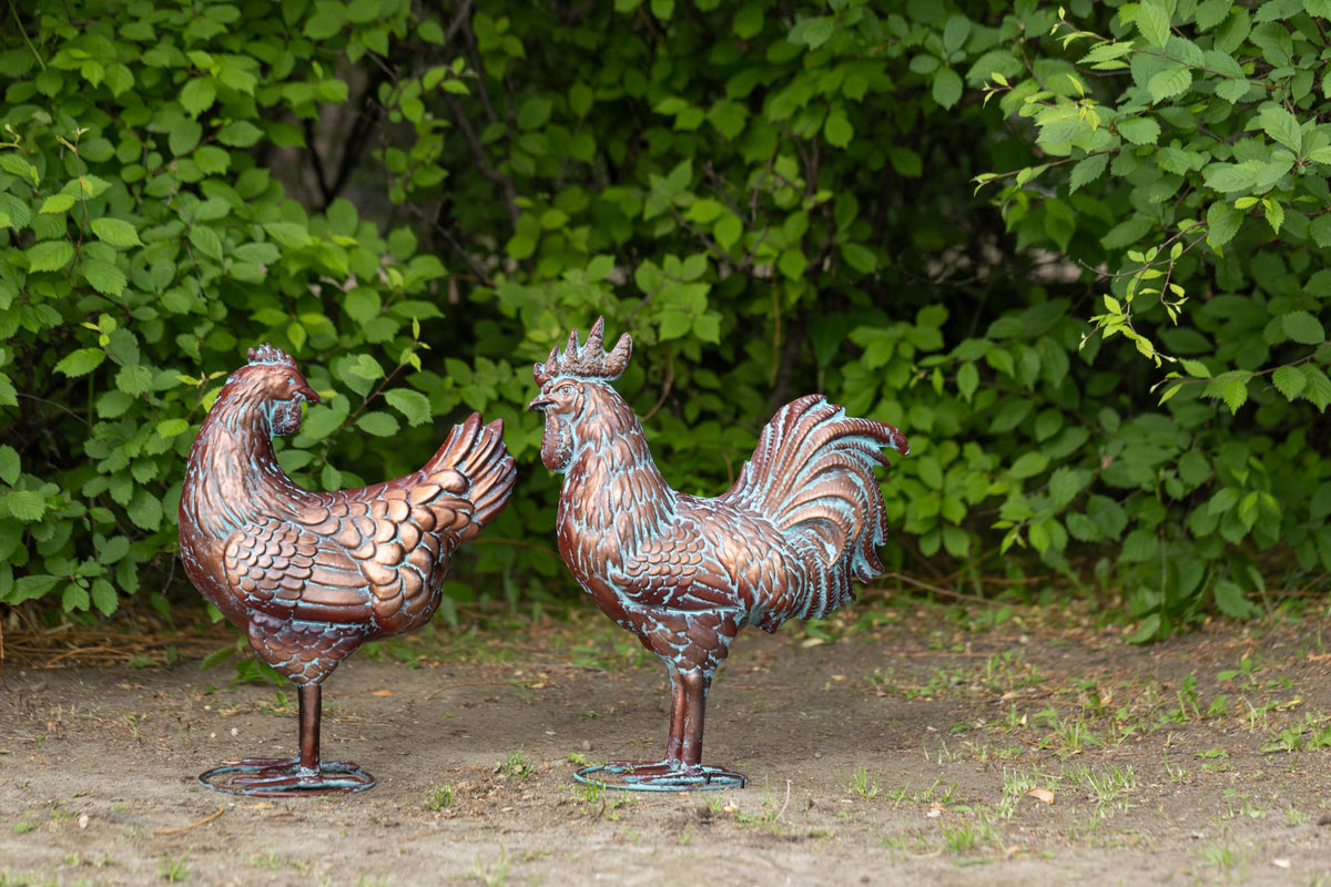 Metal Chicken Decor Outdoor Rooster & Hen Statues Garden Art Gifts