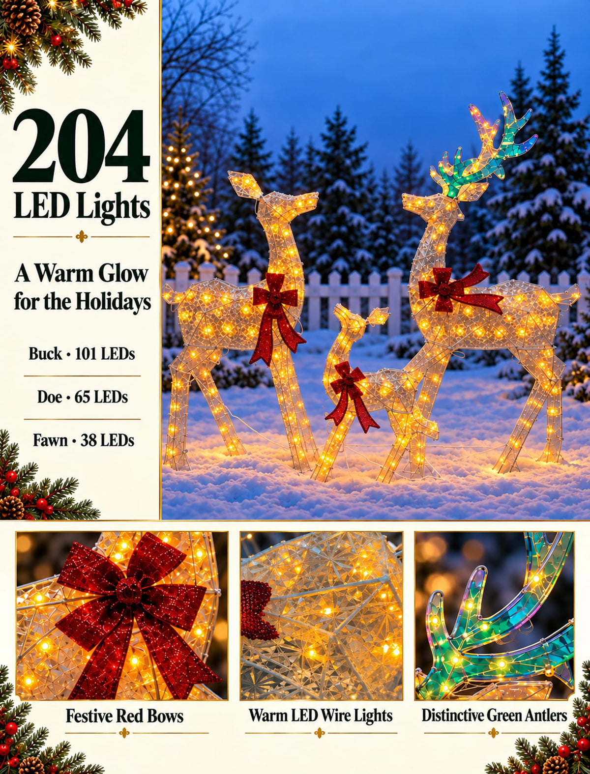 2D Lighted Reindeer Family, 3-Piece Warm Yellow Christmas Yard Decorations