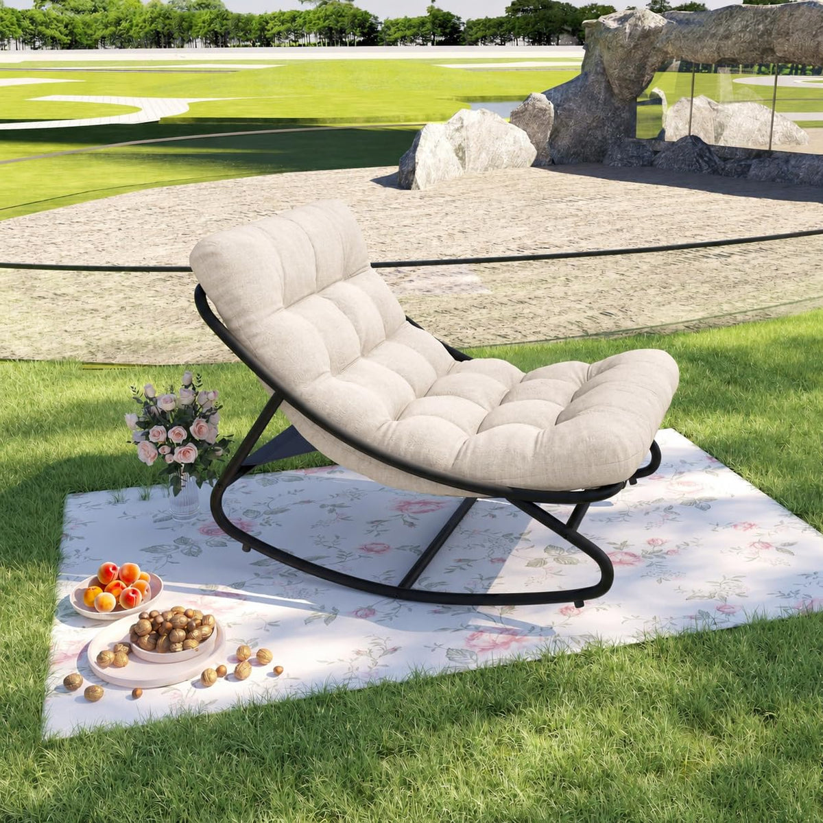Indoor Outdoor Rocking Chair, Metal Frame Egg Rocker with Cushion