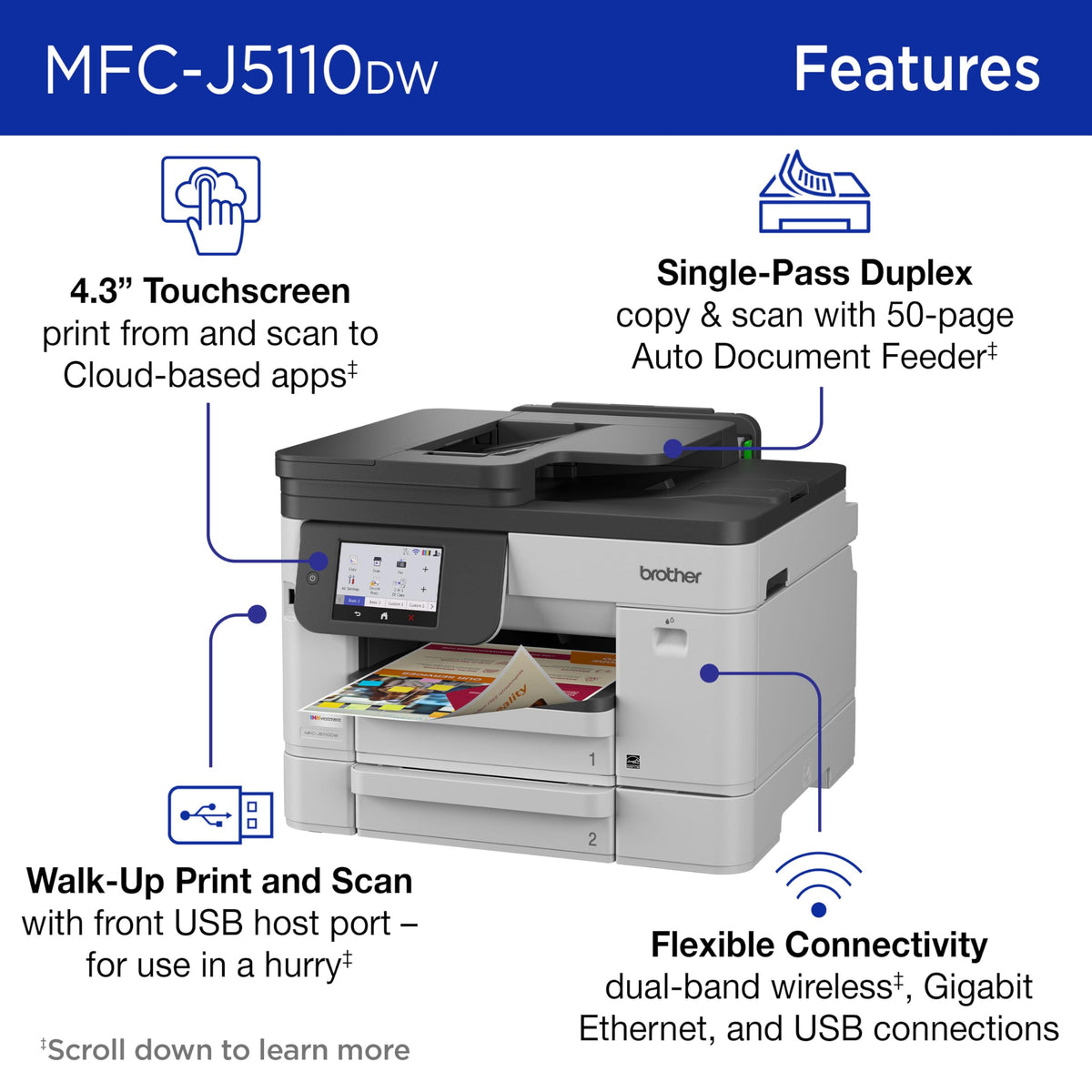 Brother INKvestment 5110 Wireless Color Inkjet All-in-One Printer with a 500-sheet Paper Tray Capacity and a 4.3” Color Touchscreen (MFCJ5110DW)