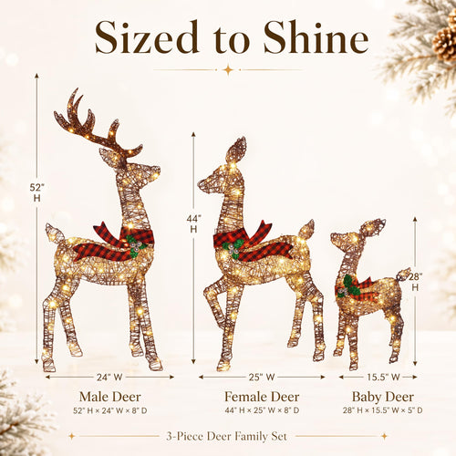 3-Piece 3D Lighted Christmas Deer Family Set, 146 Warm White LED Reindeer Decorations Outdoor, 52" Large Gold Christmas Yard Decorations with Stakes, Waterproof Holiday Lawn Decor for Garden Porch