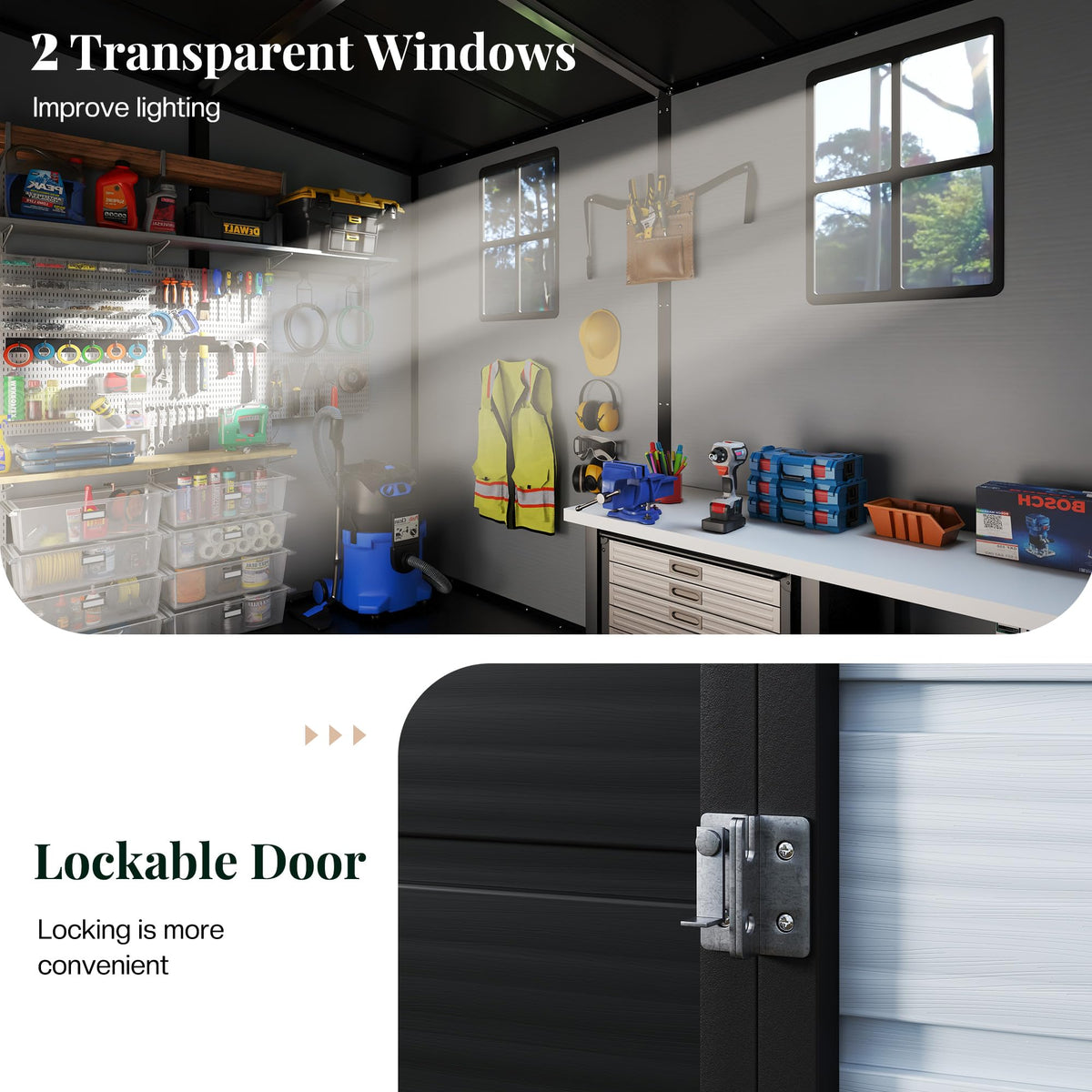 Jocisland 8 x 6 x 6 FT Resin Lean to Storage Shed with Floor, Slanted Roof, Lockable Door, 2 Windows, Outdoor Storage Shed for Backyard, Patio, Garden and Lawn