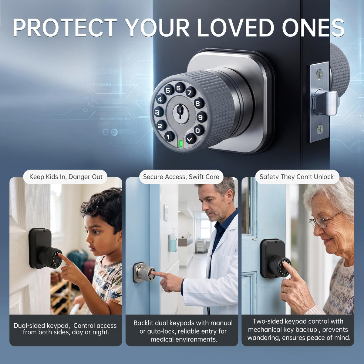 IU62 Dual-Sided Keyless Keypad Door Knob with Mechanical Key & USB-C Power Backup,Adjustable Latch, All-Weather for Outdoor/Indoor/Patio/Fence, Non-Networked Security Lock (Matte Black)
