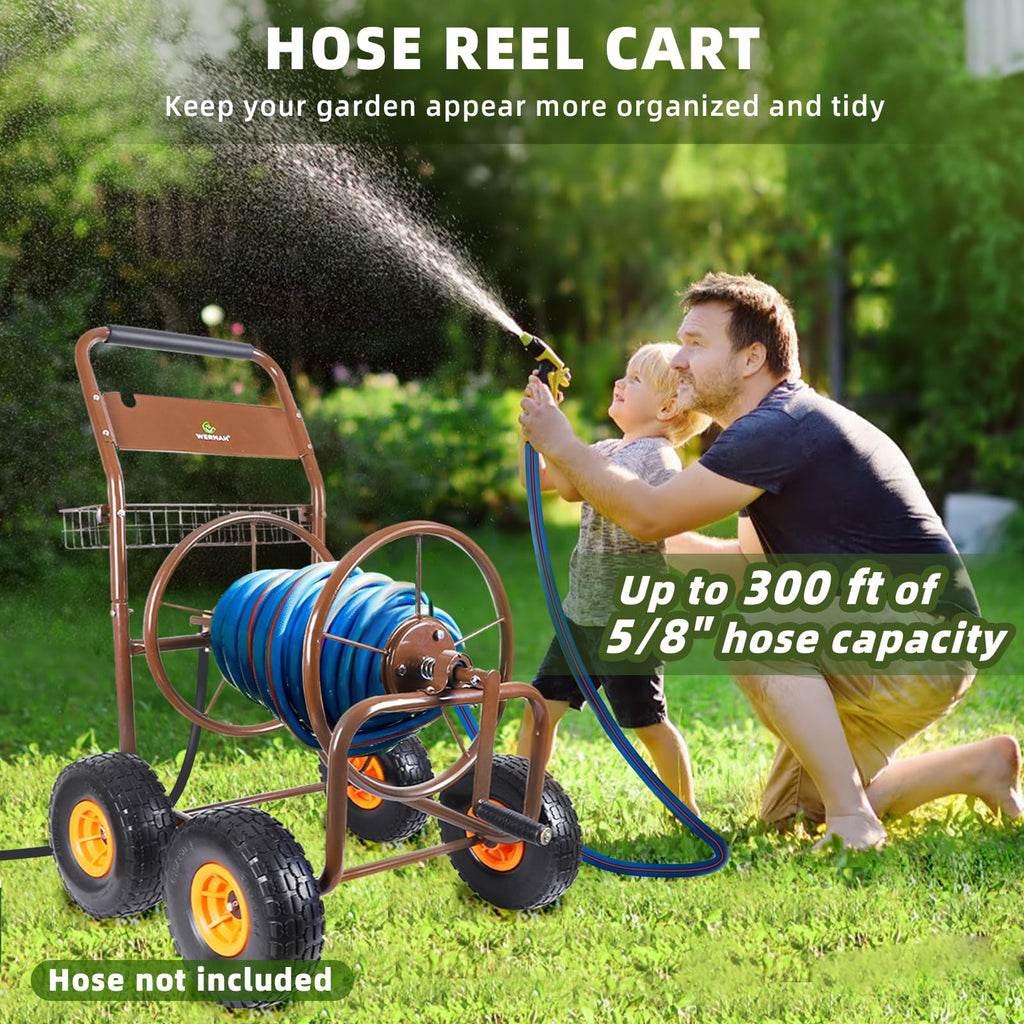 WERMAH Upgrade Hose Reel Cart, Garden Hose Cart 4 Wheels, Holds 300ft 5/8"