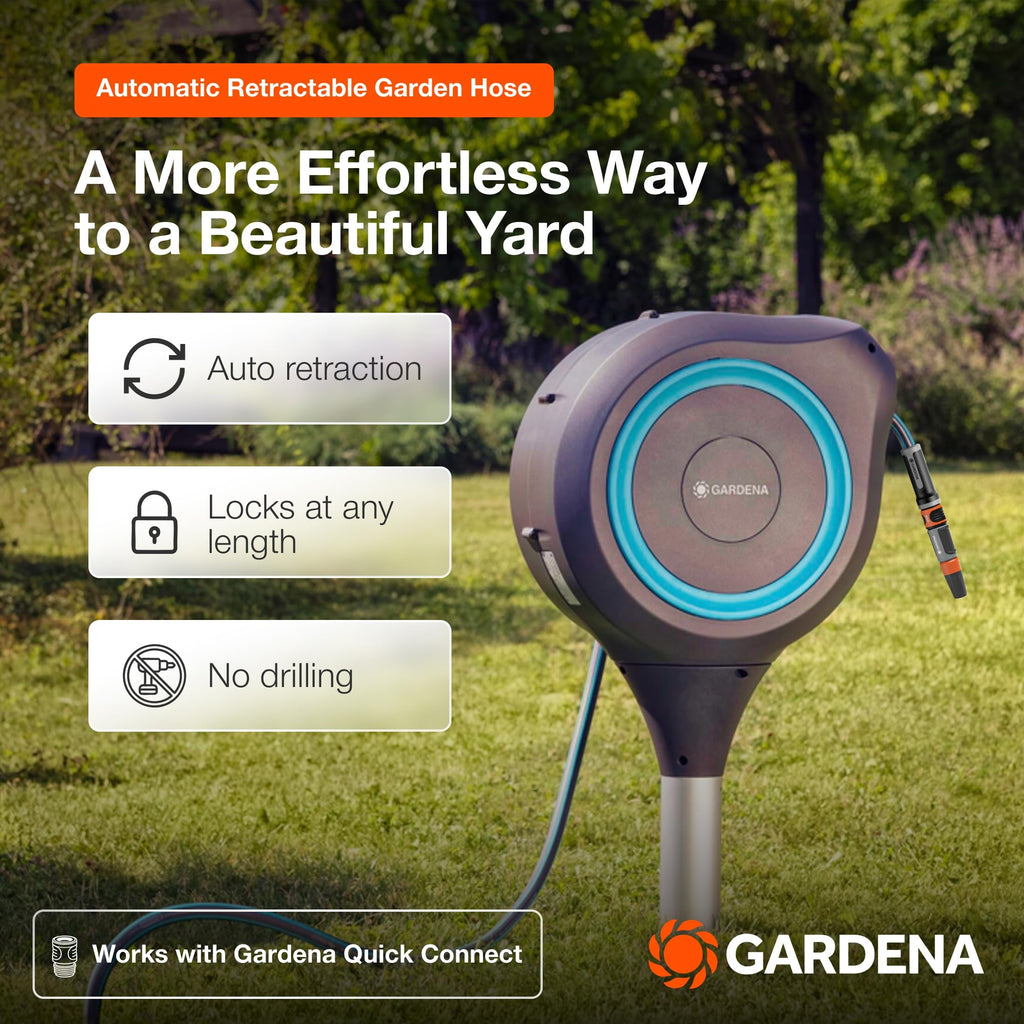 GARDENA Automatic Retractable Garden Hose Reel - 50 Feet - 360 Degree Swivel Outdoor Hose Reel with Metal Spike Base - Auto Retract - UV Resistant Housing - Easy Install No Tools Required - 18604