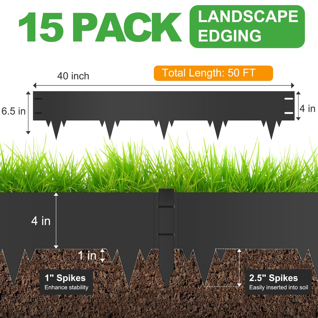 50FT Metal Landscape Edging, 15-Pack 40"L x 6.5"H Rust-Proof Border