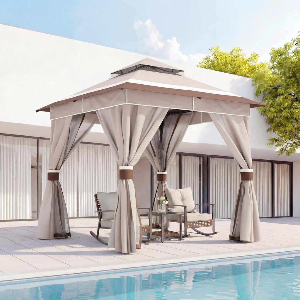 10x10 Arc Gazebo Canopy with Curtains & Double Roof