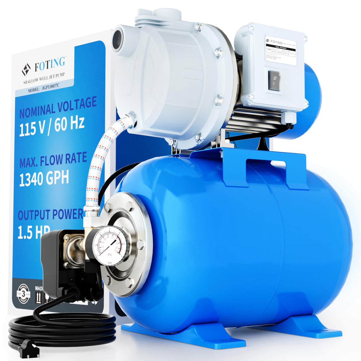 FOTING 1.5HP Shallow Well Pump with Pressure Tank, 1340GPH Jet Pumps Garden Pump, Water Transfer Draining Irrigation Pumps, Water Booster Jet Pump Stainless Steel for Home Garden Lawn Farm, Blue