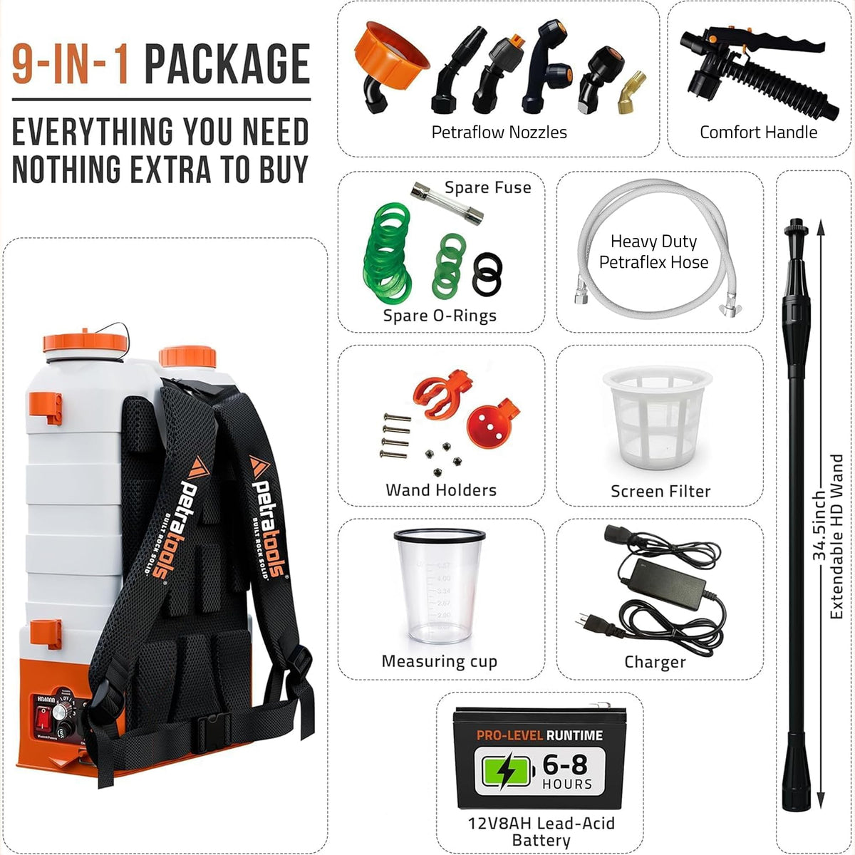 PetraTools HD4000 Battery Powered Backpack Sprayer, 6 Hr Runtime, 6 Nozzles
