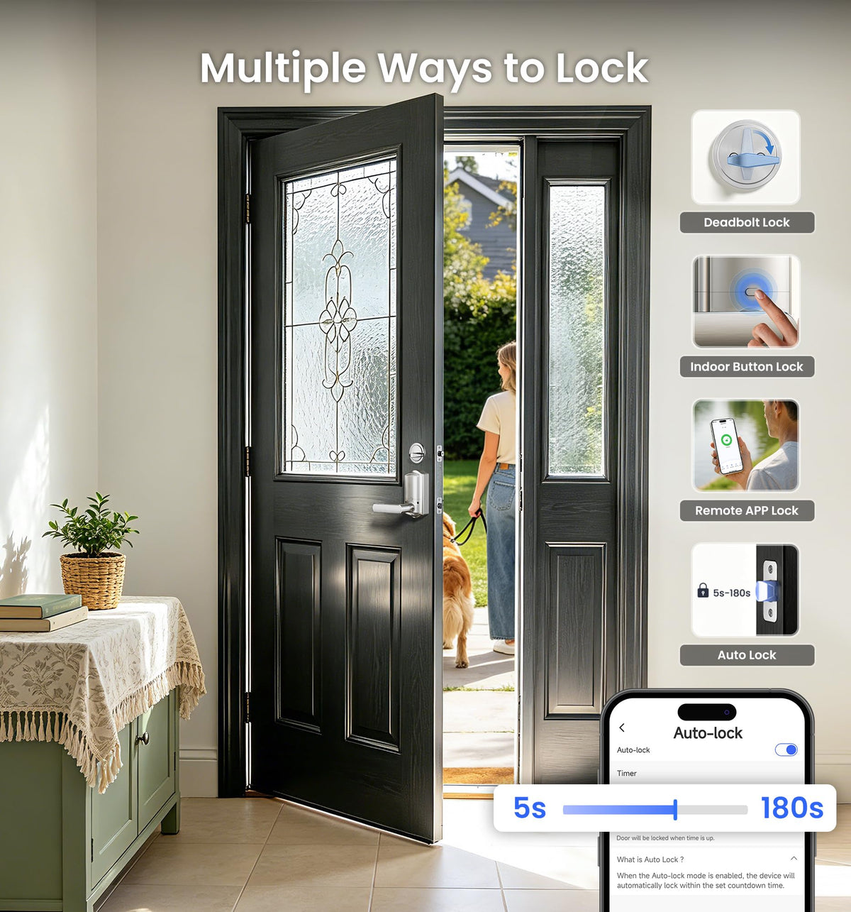 Veise VE029-E WiFi Smart Lever Lock with Non-Keyed Deadbolt, Satin Nickel
