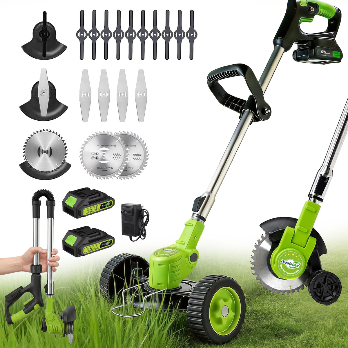 Cordless Electric Weed Wacker with Wheels, 3-in-1 Grass Trimmer & Brush Cutter & Lawn Edger, 3 Types Blade, 2X2000mAh Batteries, Lightweight String Trimmer for Garden and Yard Lawn, Gifts for Seniors