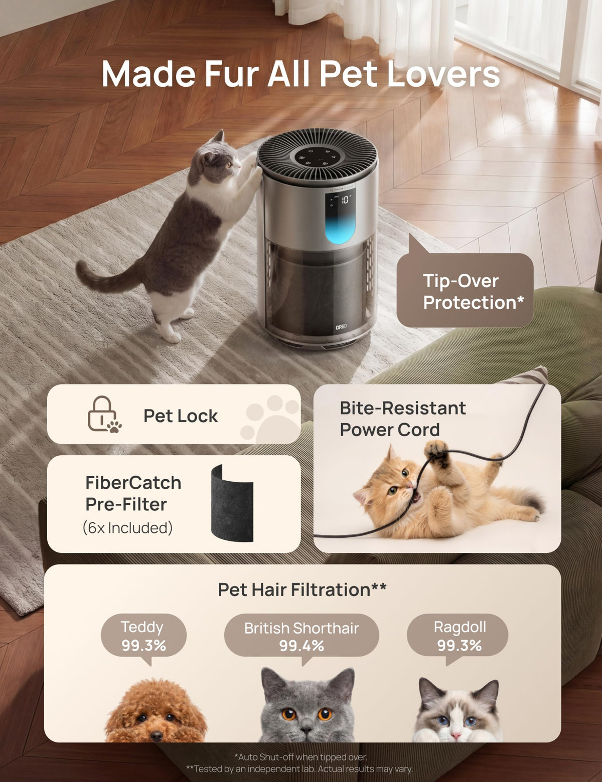 DREO Smart Pet Air Purifier for Home, Bedrooms Air Cleaner with Wi-Fi/Voice/Alexa, Auto/Turbo/HEPA Sleep Mode for Smoke, Dust, Pollen, Odor, PM2.5 Quality Monitor, 4 Speeds, DR-HAP009AS (DREO 539AS)