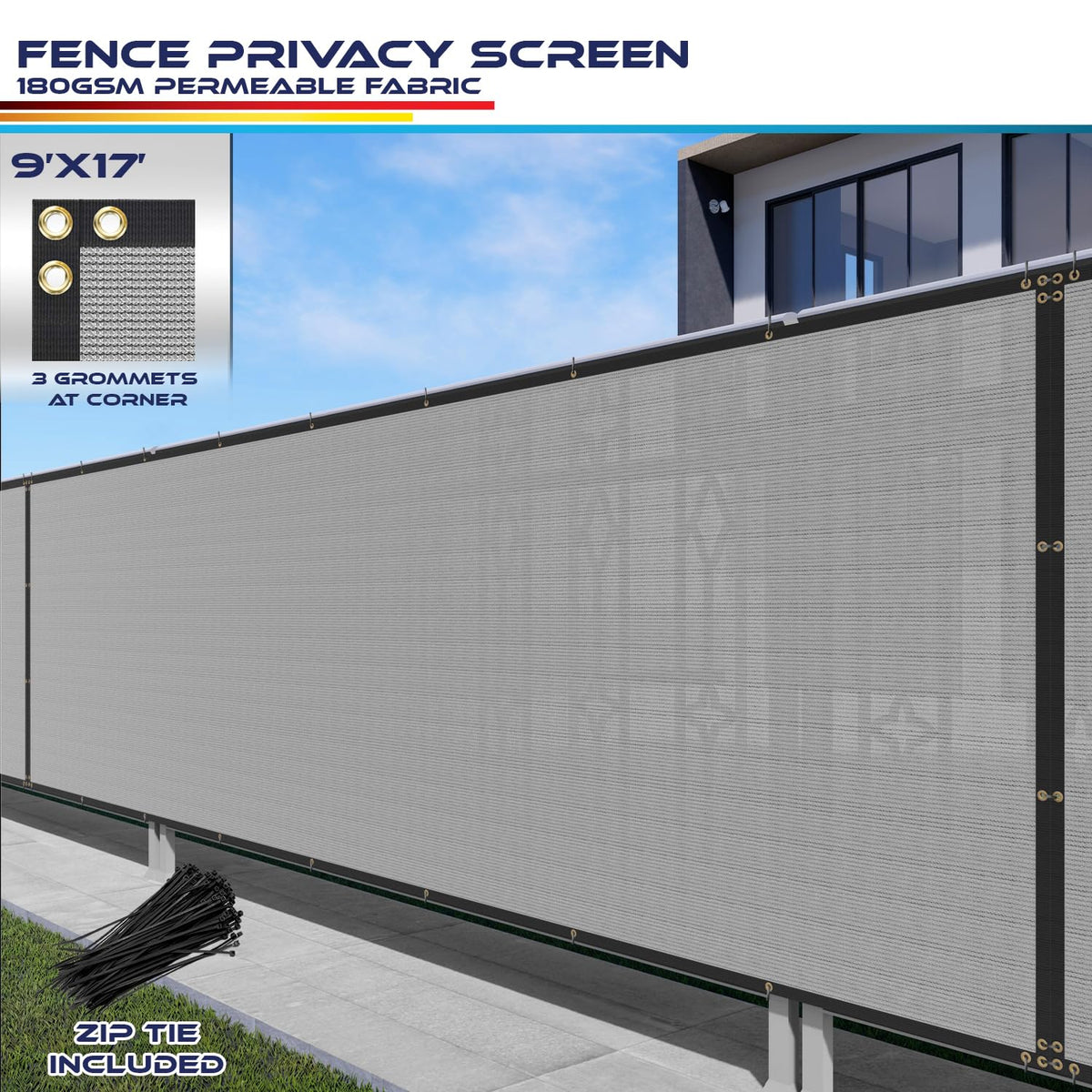 Windscreen4less Fence Privacy Screen 9' x 17' Heavy Duty Windscreen Fencing Mesh Fabric Cover for Patio Garden Backyard Lawn Carport Pool Fence, Light Gray