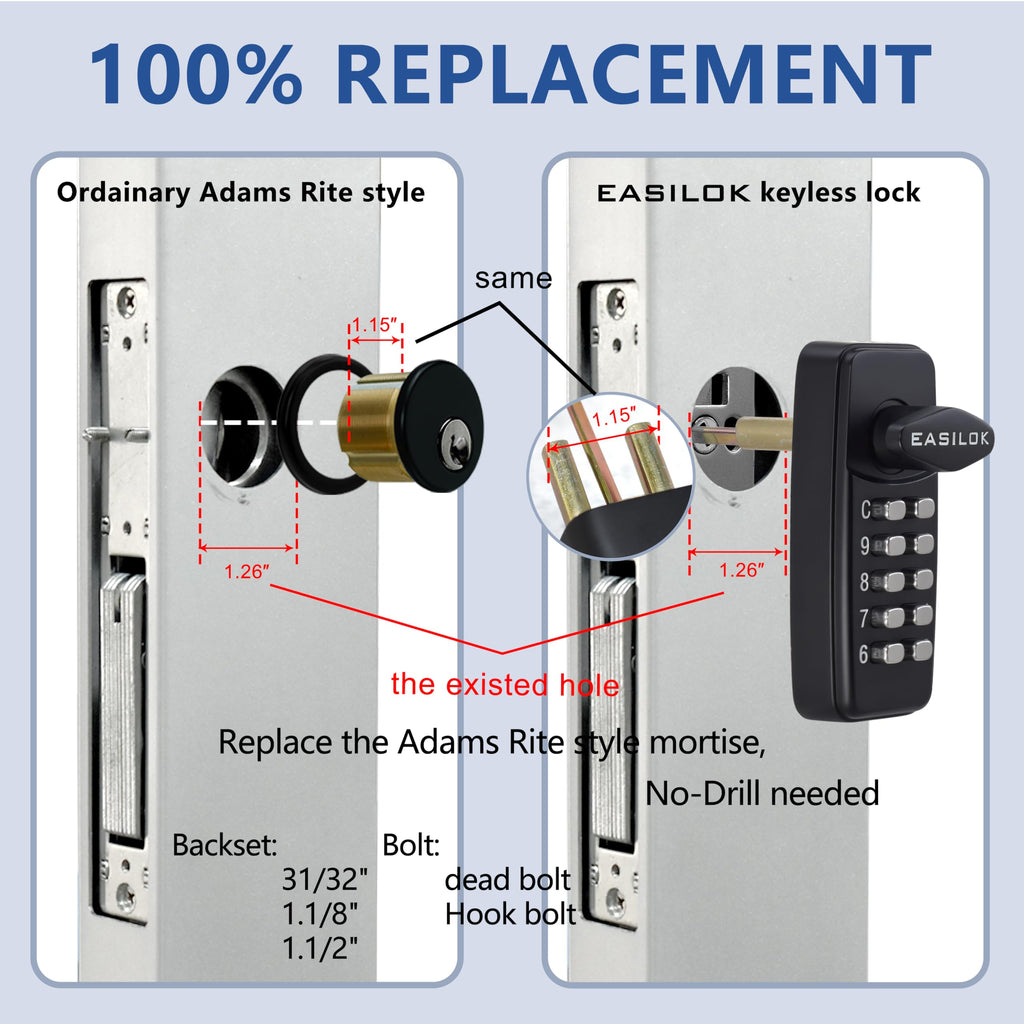Keyless Keypad Storefront Door Lock, Mechanical Commercial Mortise Lock for Aluminum/Glass Narrow Stile Doors, DIY No-Drill Adams Rite Replacement (Silver, 1-1/8" Hook Bolt)