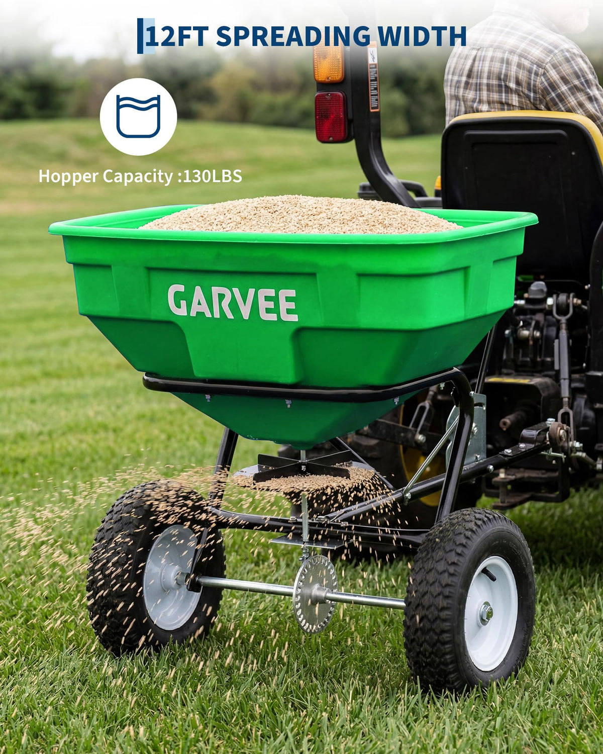 Heavy Duty 125L Tow Behind Broadcast Spreader – 9.8FT Spreading Width, 30 Current Settings, Global Hitch, for UTV, ATV, Tractor, Fertilizer, Seed, Salt, Ice Melt – Green (Douzi) + Black Rod