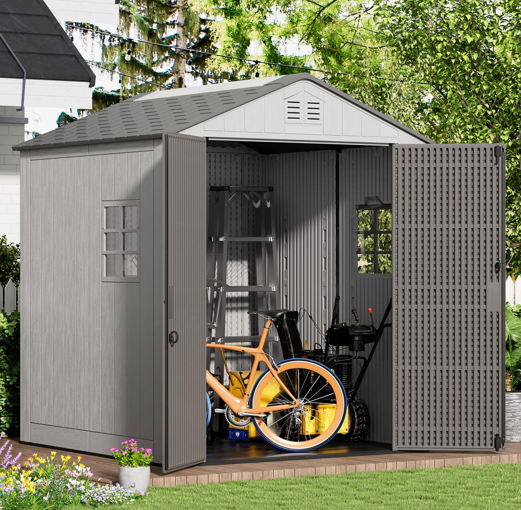 KINYING 6x4 FT Vertical Outdoor Storage Shed,Resin Clearance Outdoor Sheds with Floor,Garden Tool Shed for Lawn Mower/Bike Storage/Trash Cans/Pool Supplies,Lockable