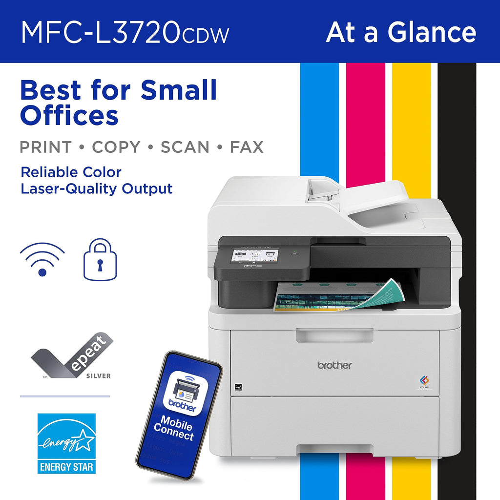 Brother MFC-L3720CDW Wireless Color Laser Printer, Scanner, Copier, Fax, Auto Duplex, 250-Sheet Capacity