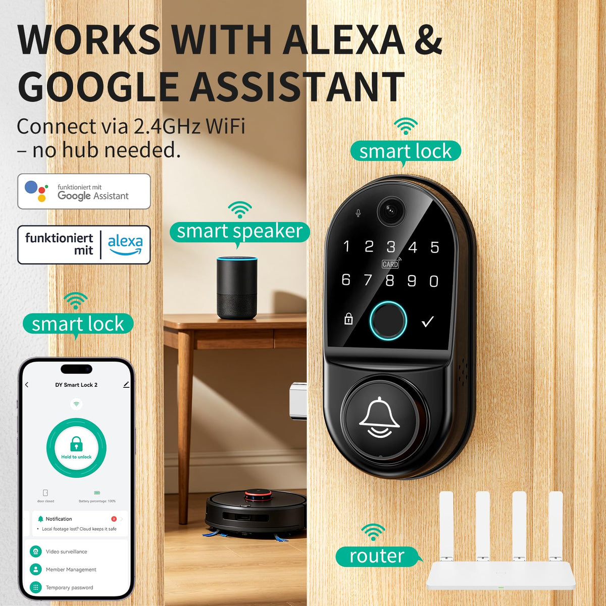 Smart Door Lock for Front Door: WiFi & Camera with 1080p HD Night Vision