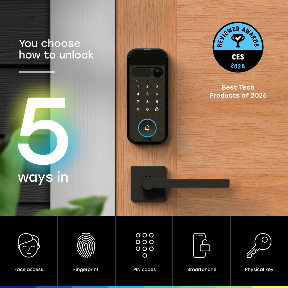 myQ Secure View™ 3-in-1 Smart Lock Deadbolt + Extra Battery, Keyless Entry Door Lock, 2K HDR Doorbell Camera, Face, Fingerprint & PIN Access, App Control, Color Night Vision & Two-Way Audio