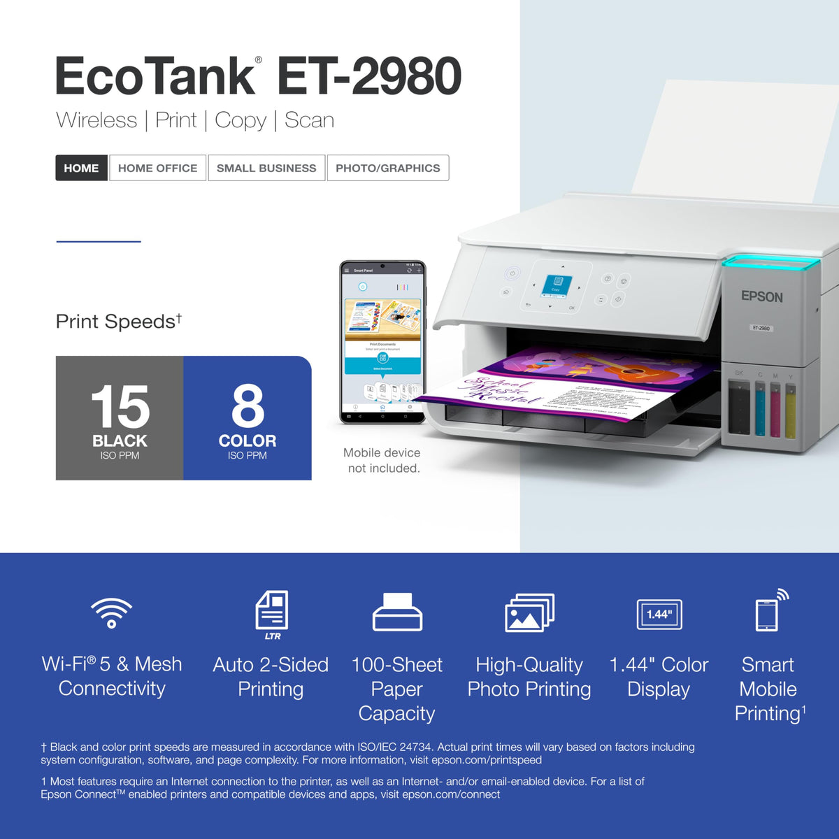 Epson EcoTank ET-2980 Wireless Color All-in-One Supertank Printer - White