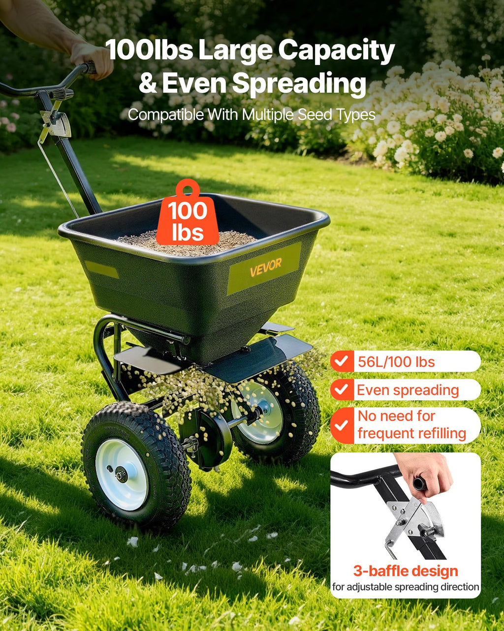 VEVOR Broadcast Spreader 130 lbs Capacity Hopper Walk-Behind Push Spreader | for Lawn & Garden Care, 12 ft Spreading Width, 13" All-Terrain Tires, Adjustable Flow Control for Fertilizer Seed Ice Melt
