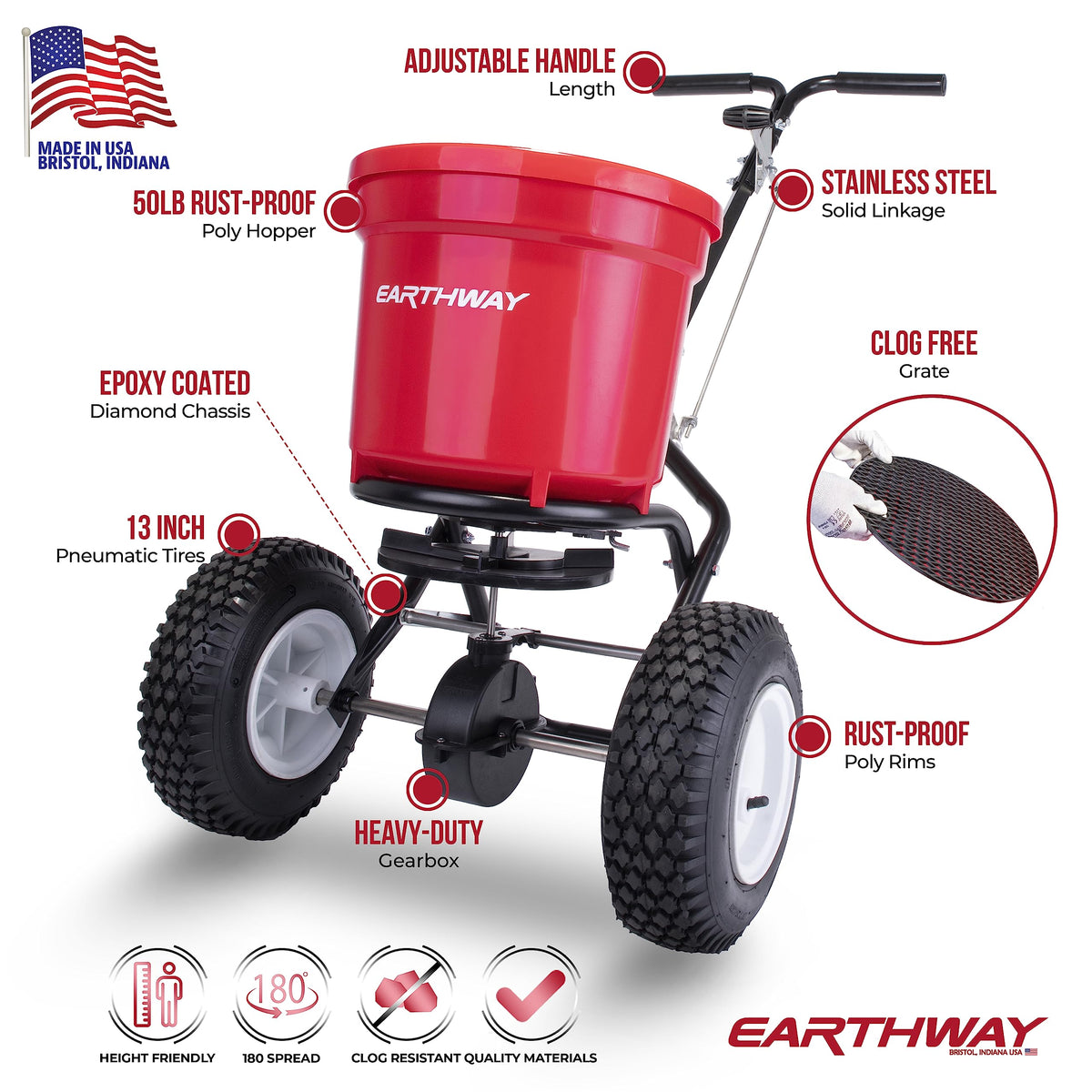 EarthWay 2150 Commercial 50 LB Broadcast Fertilizer Spreader. Heavy-Duty Walk-Behind Push Garden Seeder with Adjustable Drop Rate and Driving Handle. Large 13 inch Pneumatic Stud Tires