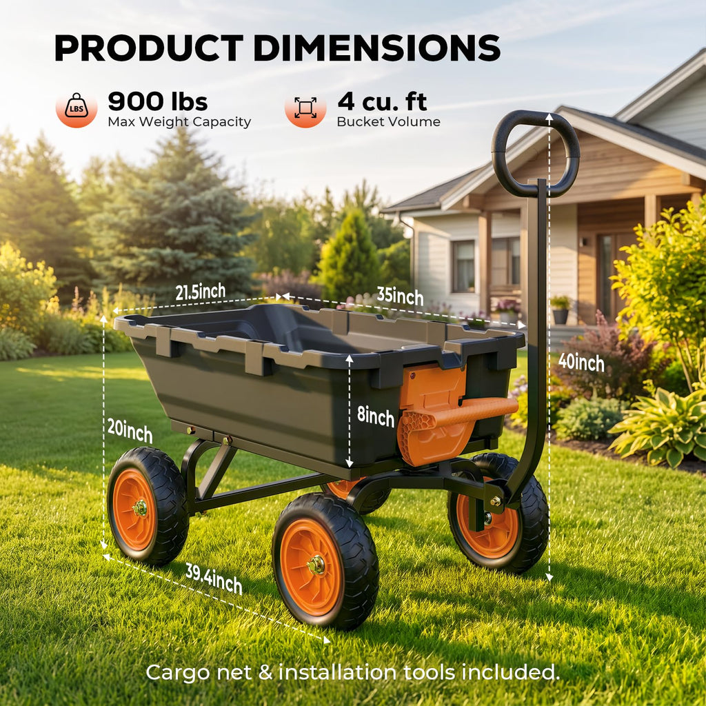 Etoolab Dump Garden Cart 900lb Capacity with 10-Inch Flat-Free Tires