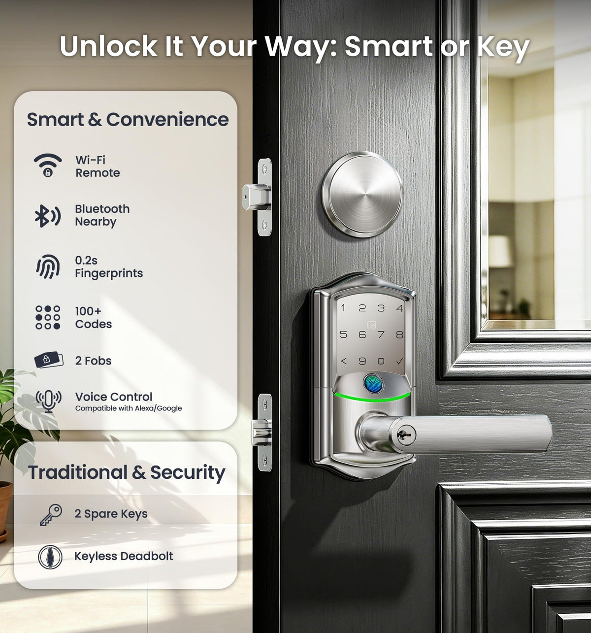 Veise VE029-E WiFi Smart Lever Lock with Non-Keyed Deadbolt, Satin Nickel