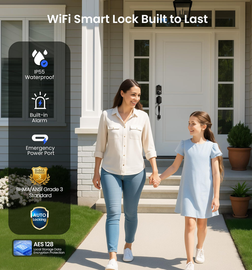 Veise VE017G-H Wi-Fi Smart Door Lock Deadbolt with Handle Set, Matte Black