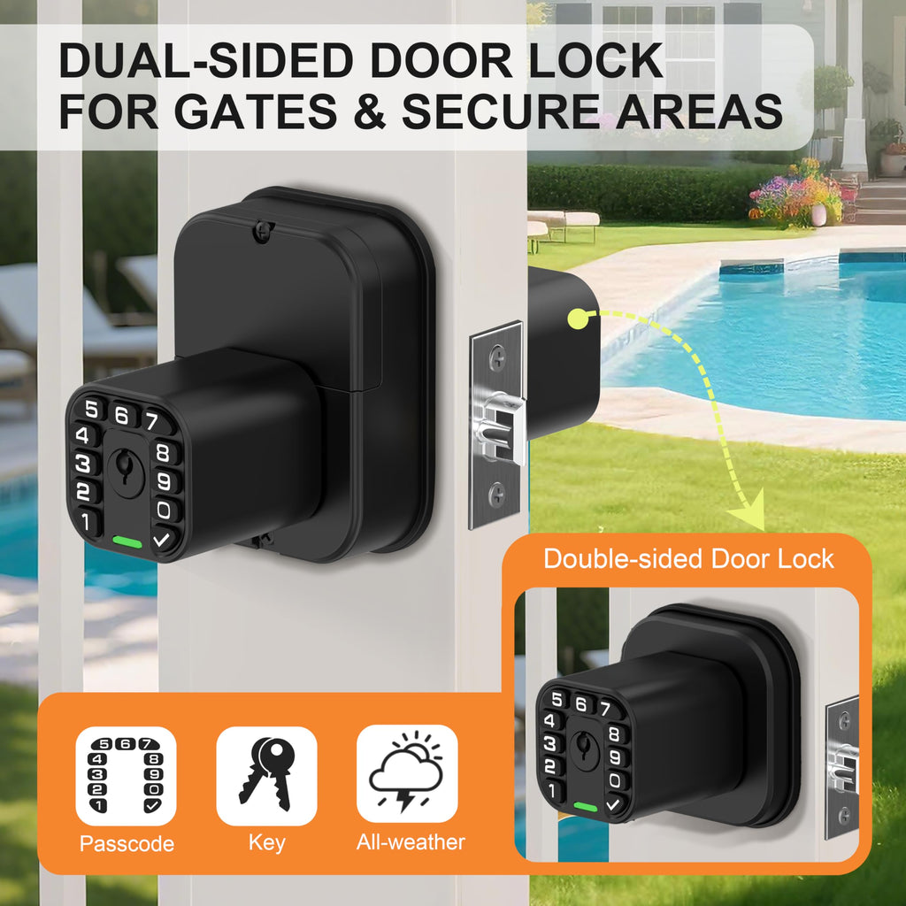 IU52 Double-Sided Keypad Door Lock, All-Weather, Fully Waterproof Keyless Entry with Dual-Sided Programmable Codes, Same Key Both Sides for Outdoor, Indoor, Gate & Fence