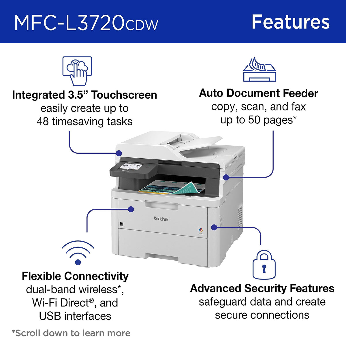 Brother MFC-L3720CDW Wireless Color Laser Printer, Scanner, Copier, Fax, Auto Duplex, 250-Sheet Capacity
