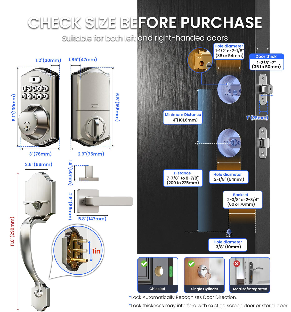 Veise VE012W-H Wi-Fi Smart Front Door Lock Set with Handle, Satin Nickel